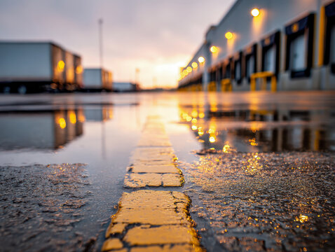 Industrial warehouse loading dock area with wet asphalt and yellow road markings reflecting soft sunset light and overhead lamps in the evening