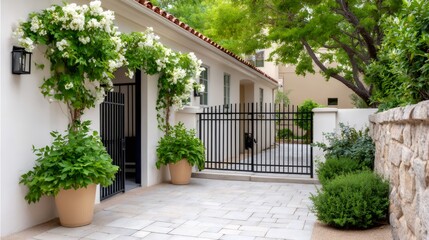 Mediterranean style house exterior with stone wall and white flowers