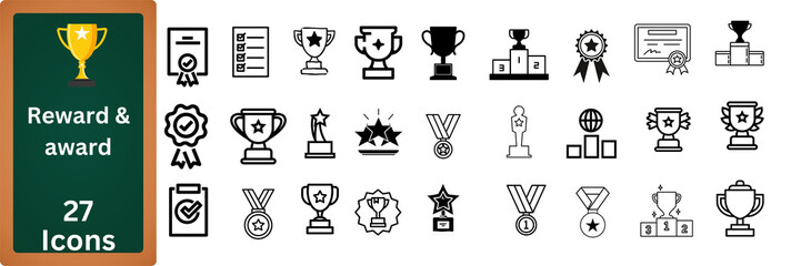 Collection of award and trophy icons representing achievement success and recognition isolated on transparent background
