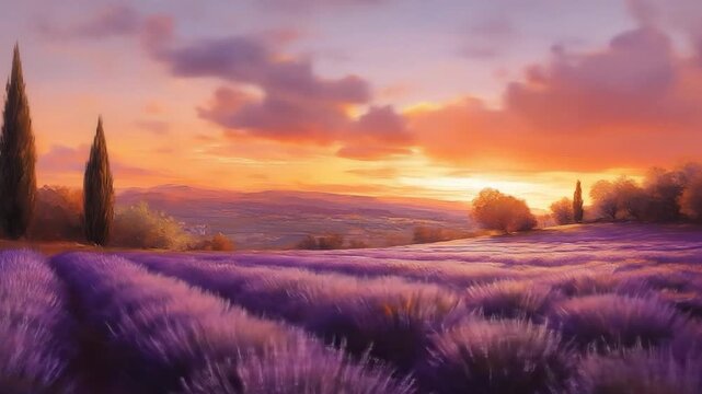 Lavender Field Sunset Serenity - A Picturesque Landscape Painting.