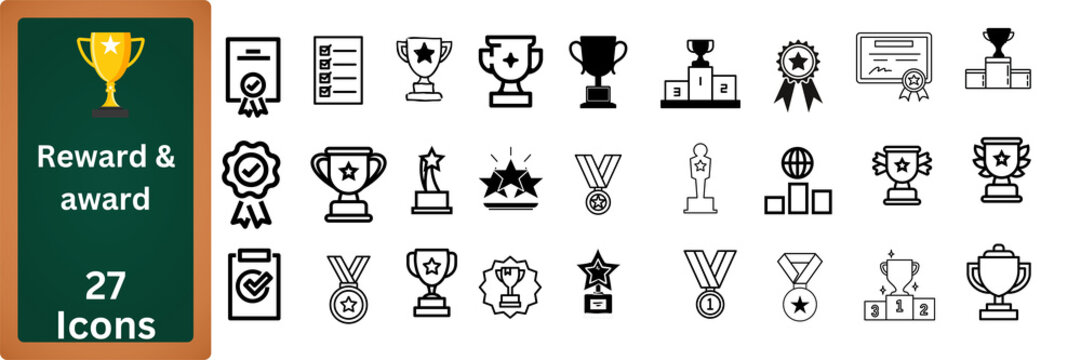 Collection of award and trophy icons representing achievement success and recognition isolated on transparent background - Powered by Adobe