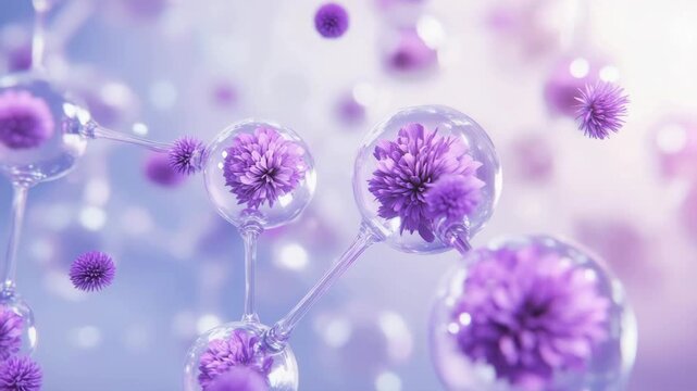Bakuchiol serum molecules with floral elements, transparent spheres on violet background, botanical skincare innovation, anti-aging cosmetic structure, natural beauty composition, molecular art