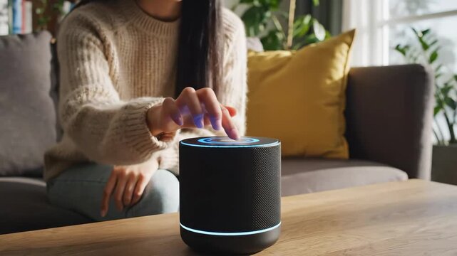 Woman Interacting with Smart Speaker in Cozy Living Room - A woman in a sweater is seen using a smart speaker placed on a wooden table in a brightly lit living room.