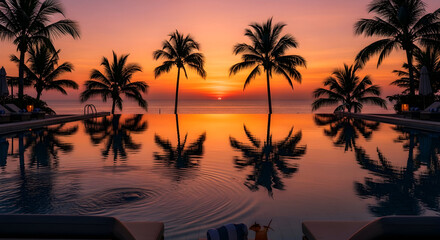 Obraz premium Tropical sunset over calm water with silhouetted palm trees, paradise coastal photography