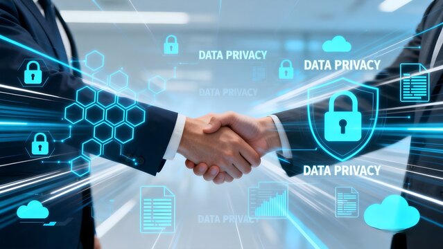 agreement,background,business,businessman,businesswoman,confidentiality,cooperation,firewall,greeting,cybersecurity,data privacy,partnership,collaboration ,futuristic,technology,digital interface ,hol - Powered by Adobe