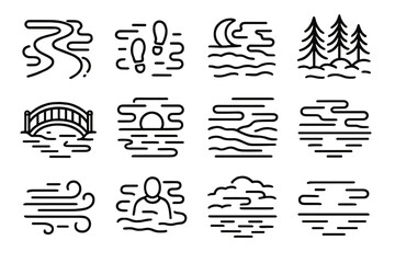 Mystery in Fog Icons. Symbolism of Fog linear icon set: mystery path, fading footprints, half-seen moon, veiled forest, hidden bridge, gentle light, layered mist, vanishing horizon