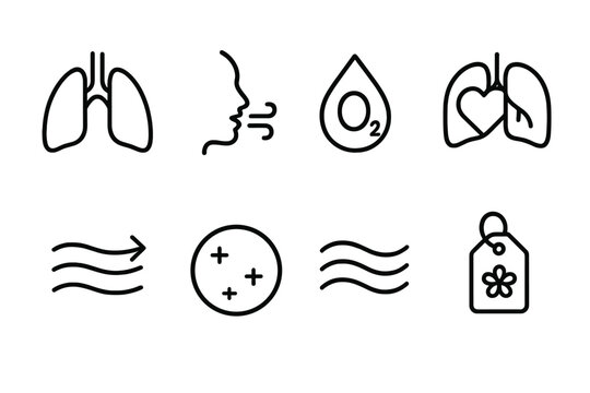 Pulmonary Wellness Icons. Pulmonary Wellness Practices Essentials linear icon set: lung icon, breath lines, oxygen droplet, heart-lung symbol, airflow arrow, clarity circle, calm