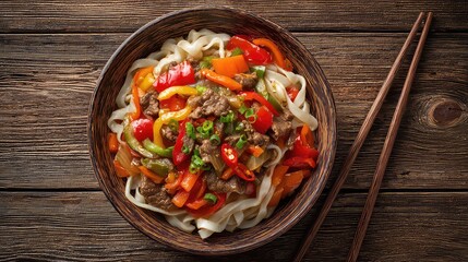 Top view of a Xinjiang Lagman traditional Uyghur noodle dish, hand-pulled noodles topped with stir-fried beef and vegetables bell peppers, tomatoes, carrots, onions, chili served in a rustic bowl