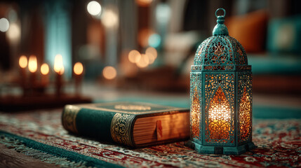 Glowing lantern and quran on ashura day in a traditional islamic setting