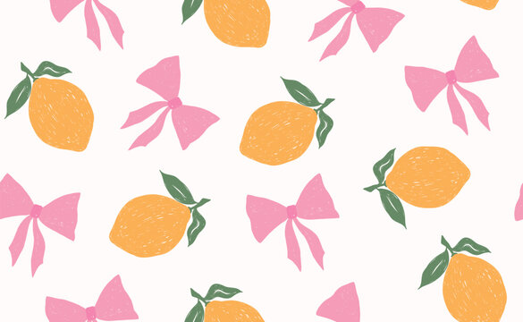 Whimsical hand drawn italian lemon seamless pattern with pink bow. Green, yellow summer print. Italy citrus floral sketch. Fruit background for wedding, packaging, wrapping paper. Trendy vector illust