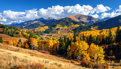 A breathtaking vista showcasing mountains, valleys, and forests ablaze with autumn hues. Fluffy clouds adorn the vibrant blue sky above