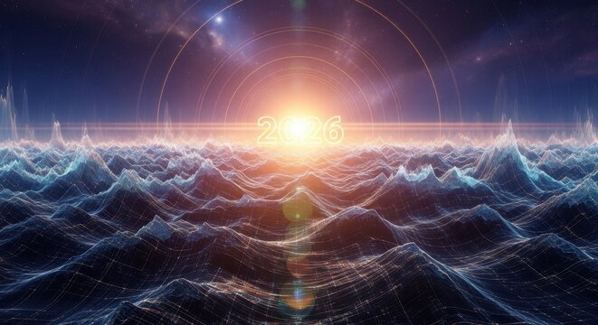Luminous 2026 over a digital ocean landscape with celestial rings and shimmering horizon