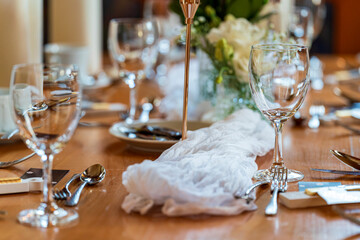 The wedding table in close up view with bokeh background
