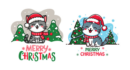 Kawaii Christmas Cat Celebrating Christmas with Winter Holiday Decorations