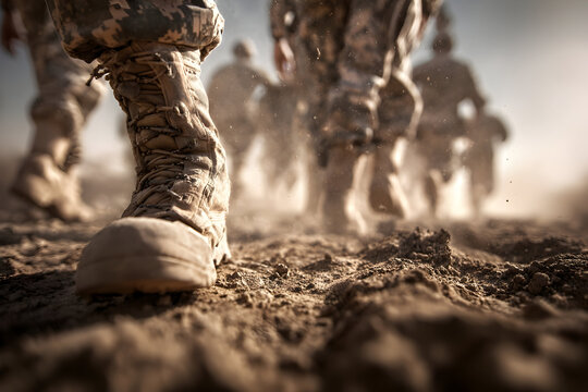 Dynamic military scene of army unit marching in dusty terrain for tactical deployment