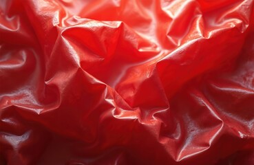 Bright red plastic cellophane creates crinkled surface texture. Material shiny, reflects light. Used for package, design. Polymers, polyethylene, industrial application, red background, surface,