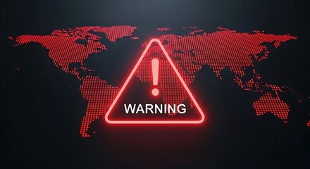 Global warning alert with a bright red world map and caution sign, conveying urgency and potential danger across the globe, perfect for news or safety campaigns