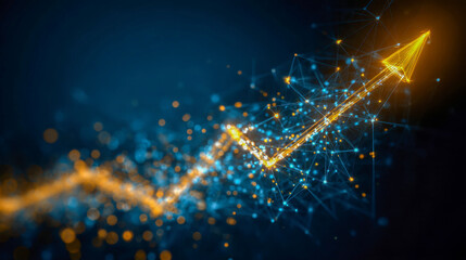 Glowing orange arrow made of connected dots and lines pointing upwards symbolizing growth and progress on a dark blue digital network background with glowing particles