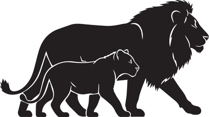 Majestic lion and cub silhouette pride family walking together animal wildlife