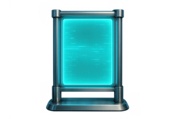 Futuristic digital screen with glowing neon light on a transparent background, displaying cyber interface elements