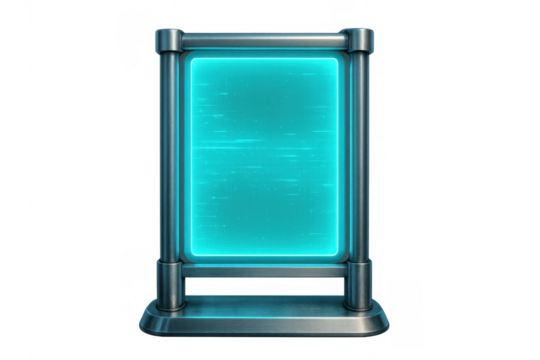 Futuristic digital screen with glowing neon light on a transparent background, displaying cyber interface elements