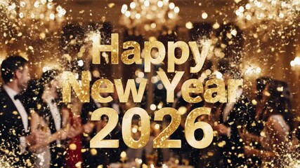 This vibrant video captures a sophisticated New Year celebration, featuring a lively crowd of diverse individuals in elegant formal attire, blurred and silhouetted against a backdrop of shimmering gol