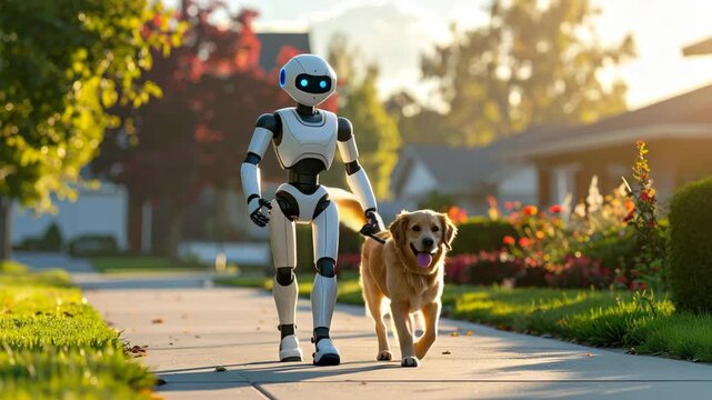 A robot walks a golden retriever dog down a suburban sidewalk on a sunny day.