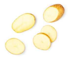 Potato slices isolated on a white background, top view