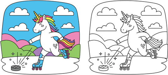 Naklejka premium Coloring book page with cute unicorn on roller skates playing hockey. Vector illustration of a funny animal character doing sports for kids. Colored and outline version.