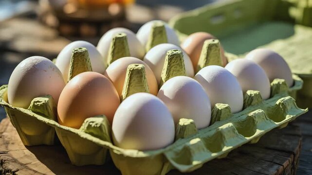 Cinematic Video of Eco-Friendly Carton Tray Filled with Fresh White Eggs on Rustic Wooden Surface