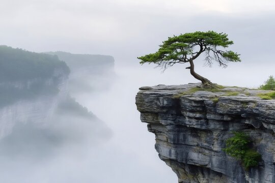 Solitary tree on cliff edge overlooking foggy canyon