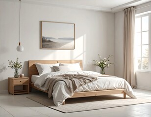 A bright and airy bedroom scene features a wooden bed, art, bedside table, and curtains framing a window