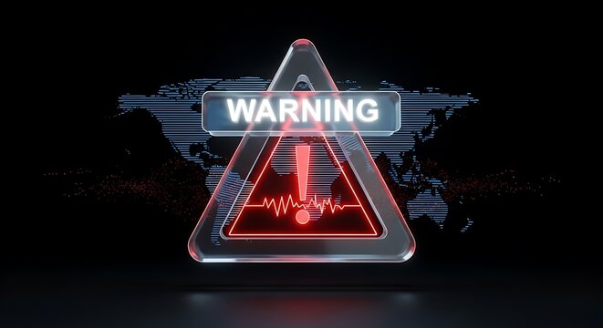 Glowing warning sign with digital world map background signifies global risks and urgent threats in a modern tech style for security solutions