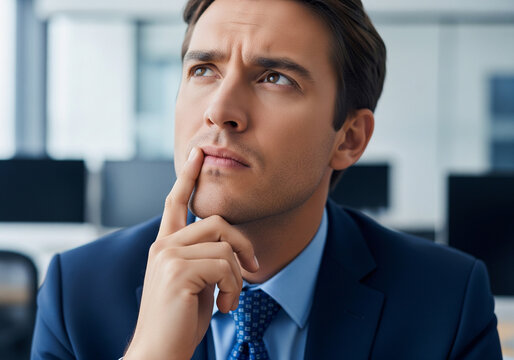 Businessman pondering with a thoughtful expression, deep in thought, seeking a solution