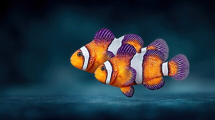 Two clownfish swimming in a dark underwater scene