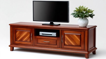 Fototapeta premium Wooden tv stand furnishing a modern living room