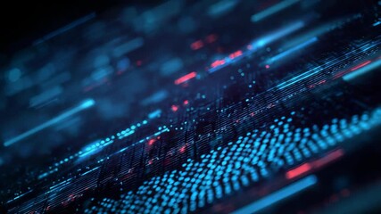 Abstract digital landscape featuring vibrant blue, red light particles representing data transmission, high speed connectivity. Ideal for themes technology, innovation, digital transformation