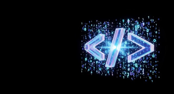 Dive into digital development with glowing code symbols and binary data, perfect for tech startups and modern software innovation projects