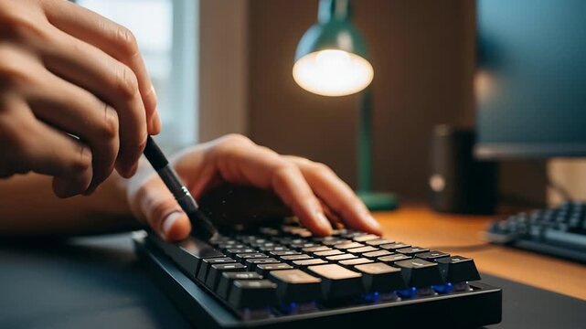 Closeup hands cleaning mechanical keyboard with brush under desk lamp.