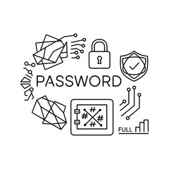 Digital password security concept with padlock, shield, data, and encryption icons