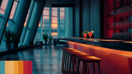 Chic contemporary lounge with sleek design elements, ambient lighting, and vibrant sunset reflections. The inviting atmosphere is enhanced by elegant cocktails and a sophisticated color palette