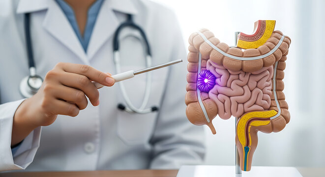 Medical professional explaining colon cancer using anatomical model of digestive system