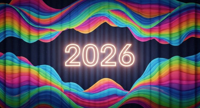 A vibrant rainbow spectacle with 2026, symbolizing a colorful future and positive anticipation
