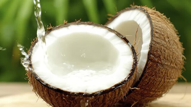 Clear water pours into rough coconut shell creating ripples. Tropical sunlight highlights white flesh and textured shell. ai generated