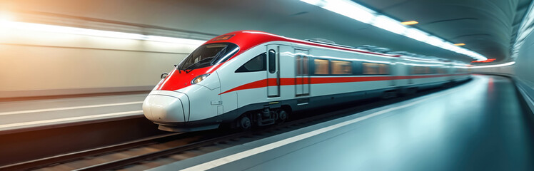 Naklejka premium Red modern passenger express train moves at high speed. Fast rail transport departs from station. Metro railroad public transportation. Futuristic locomotive runs in tunnel. Electric vehicle concept.