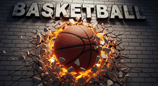 Basketball exploding through brick wall with fiery energy and dramatic lighting