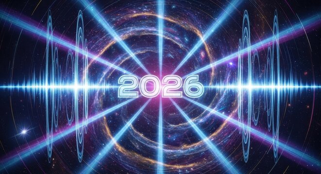 Futuristic abstract background with neon light rays and the year 2026 in cosmic style