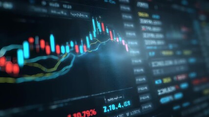 High resolution image of a financial trading screen displaying colorful candlestick charts, moving averages, and market analytics. Perfect for illustrating investment, fintech, and economic concepts - Powered by Adobe