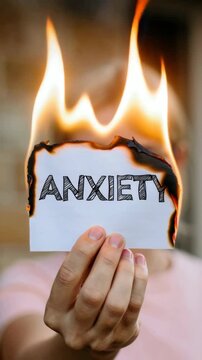 Burning anxiety paper in hand, symbolic representation of overcoming mental health challenges, emotional release, stress reduction, self-help techniques, personal growth visualization