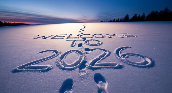 Welcome to year written in snow with footprints leading forward